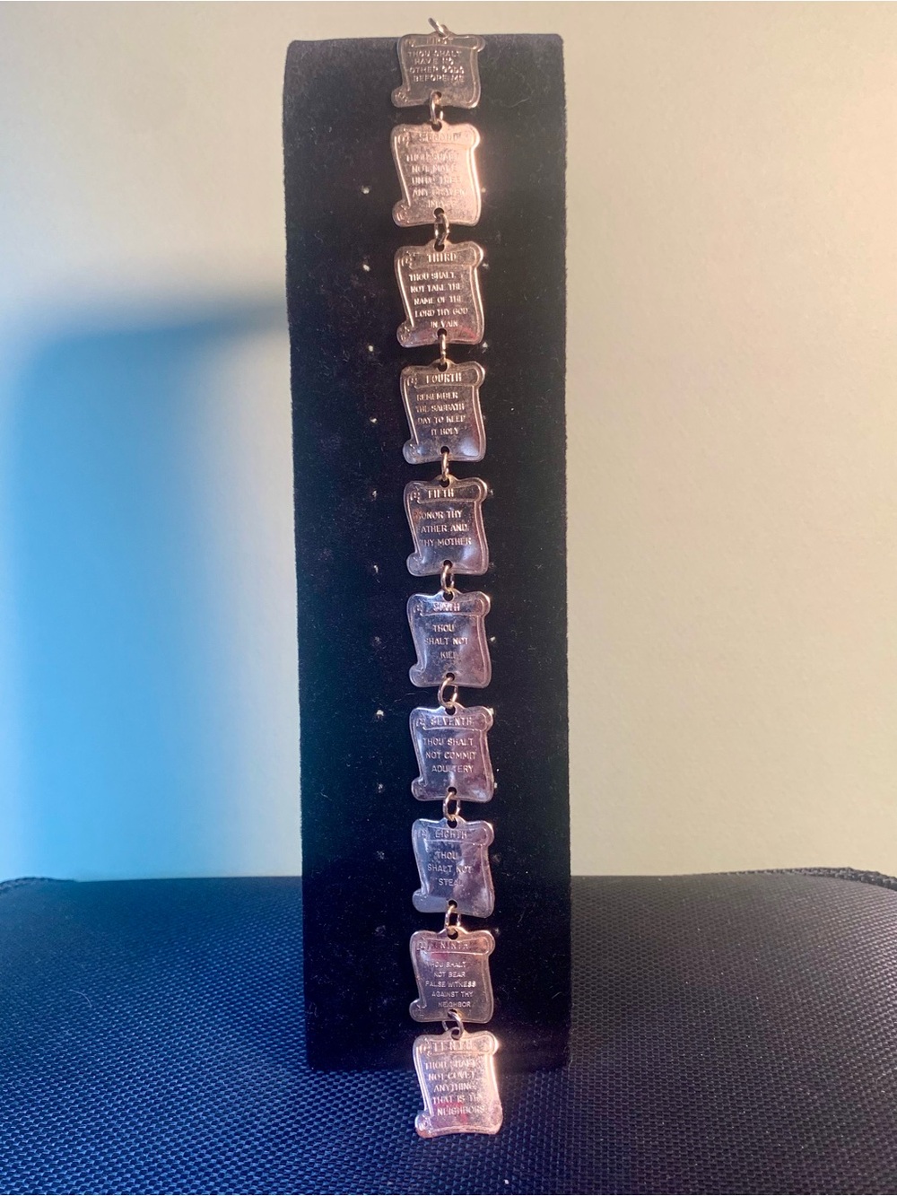Gold Tone Linked Panel bookmark with Engraved Panels 10 Commandments